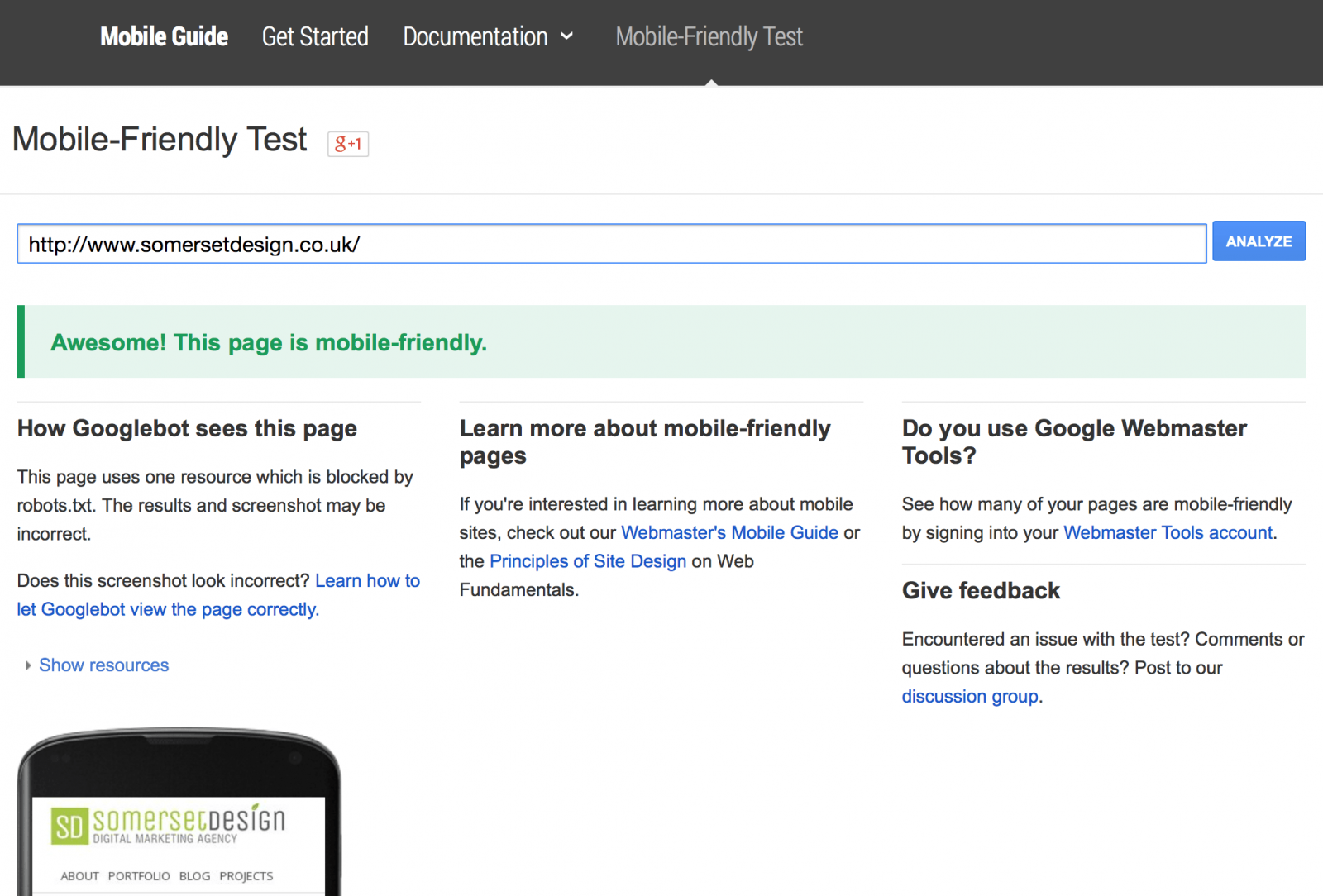 Googles Mobile friendly test